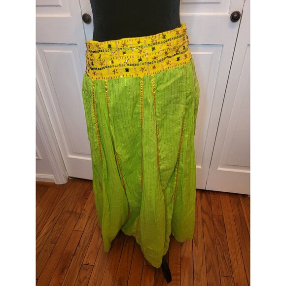 Dresses & Skirts - Green/Yellow Metallic Gold Jeweled Boho Midi Skirt L Hippie Gypsy Festival
